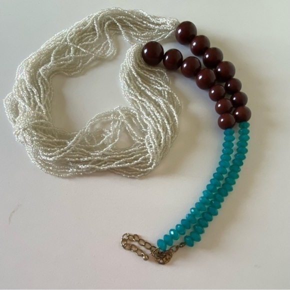 Anthropologie Tribal Cream Beaded Teal Green Crystal Wood Necklace NEW - Picture 4 of 14